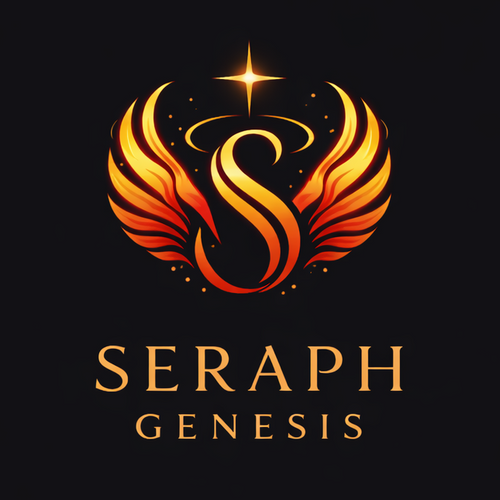 Logo of Seraph Genesis with fiery design on a black background